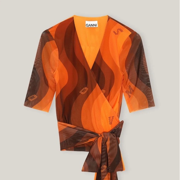 Ganni Orange Printed Mesh Wrap Top - Picture 13 of 13